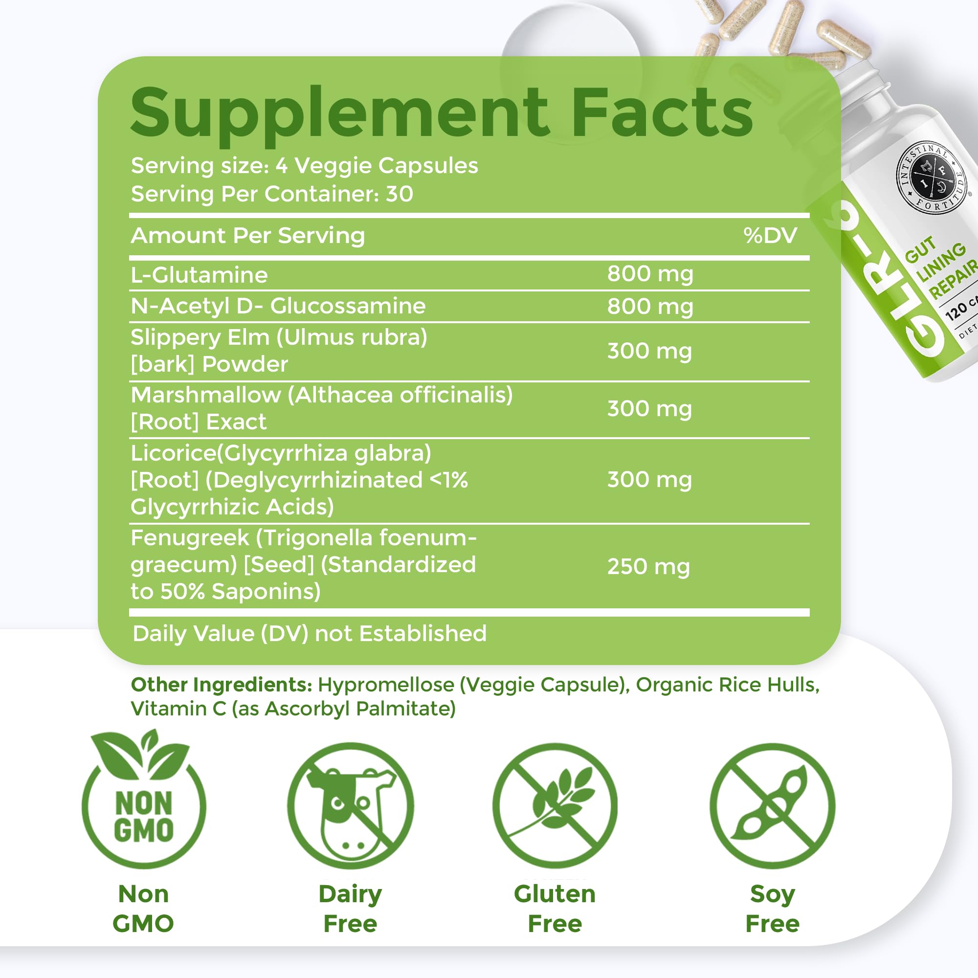 Intestinal Fortitude GLR-6 bottle side label highlighting natural ingredients and claims