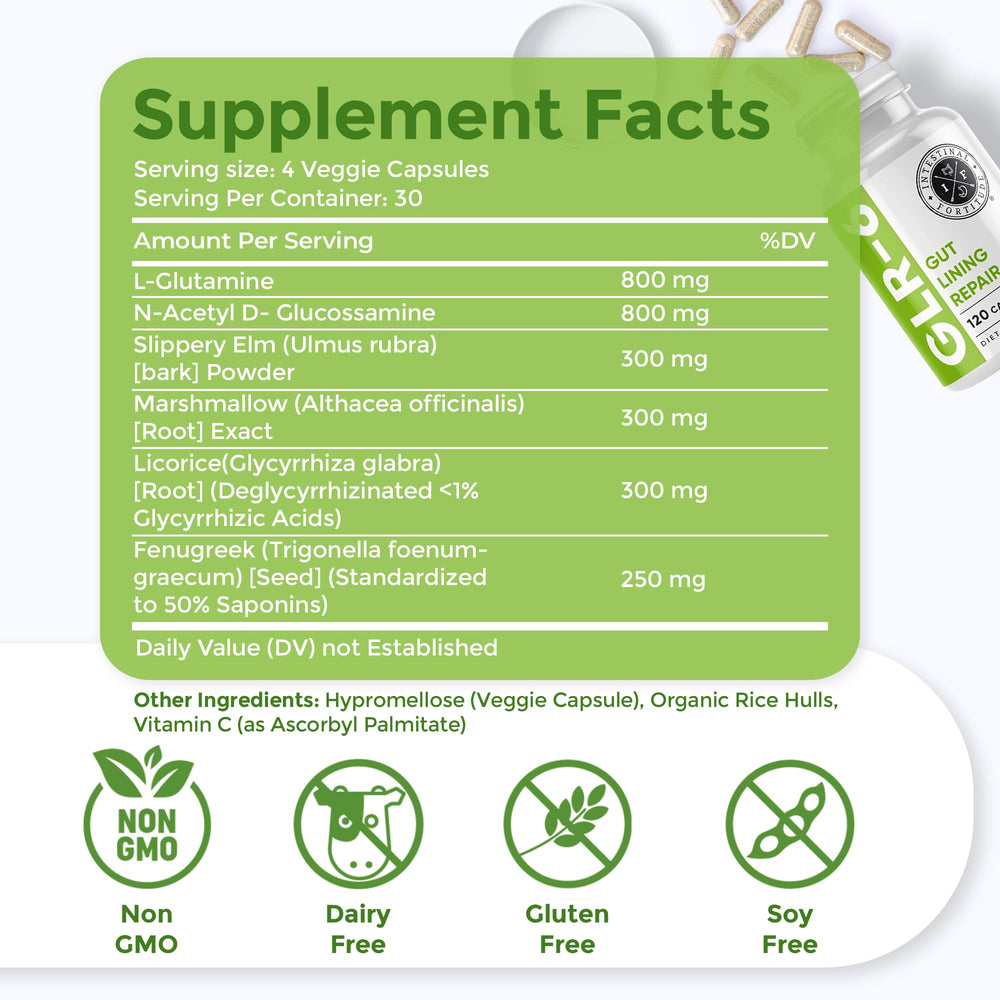Intestinal Fortitude GLR-6 bottle side label highlighting natural ingredients and claims