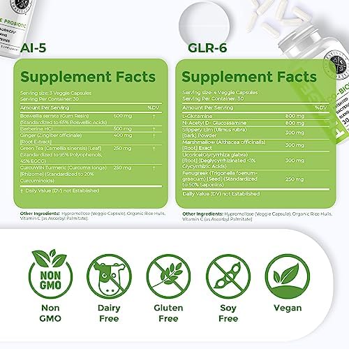 Intestinal Fortitude GLR-6 bottle displaying six protective ingredients for mucosal nourishment.