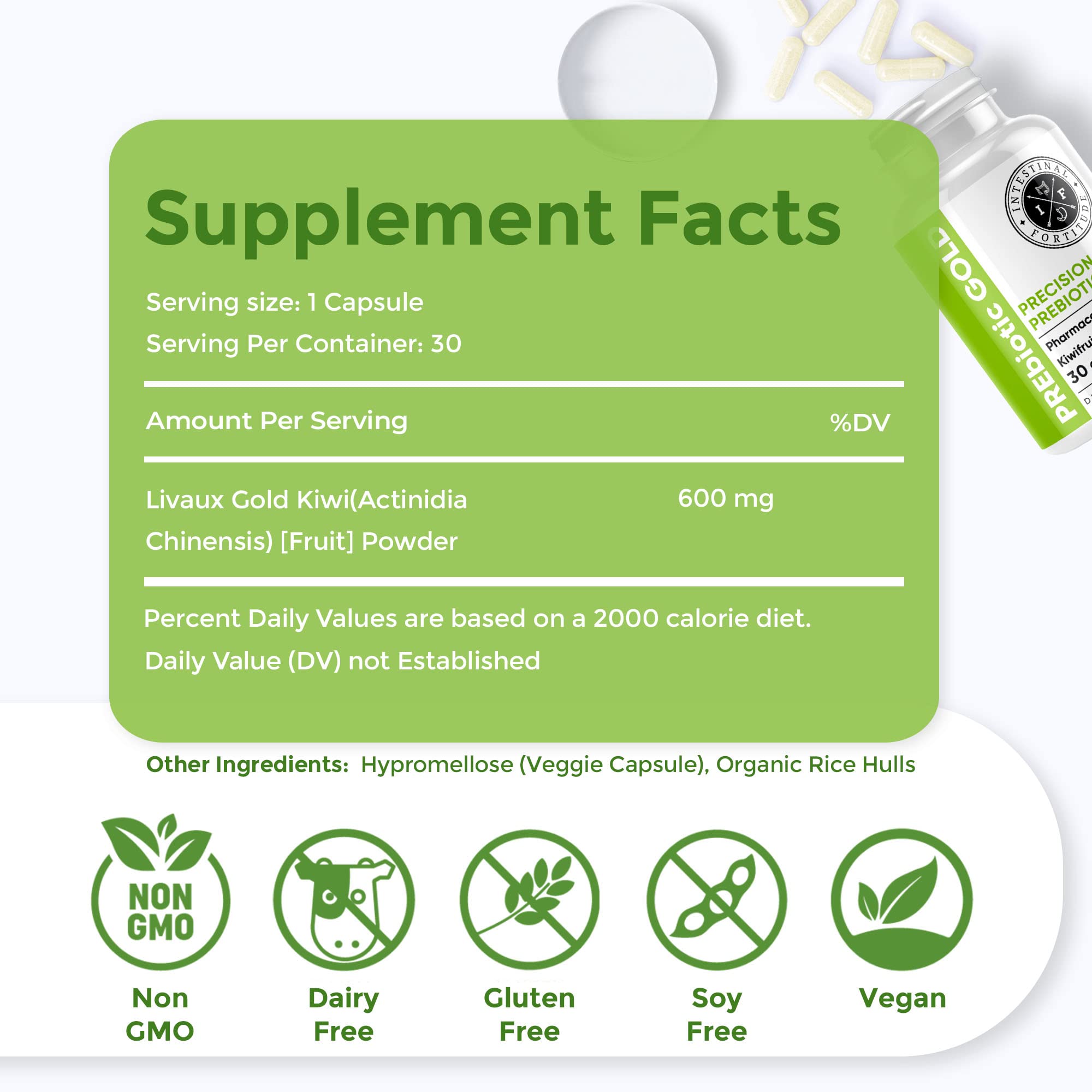 Intestinal Fortitude PREbiotic Gold kiwifruit bottle highlights daily fiber for steady digestion.