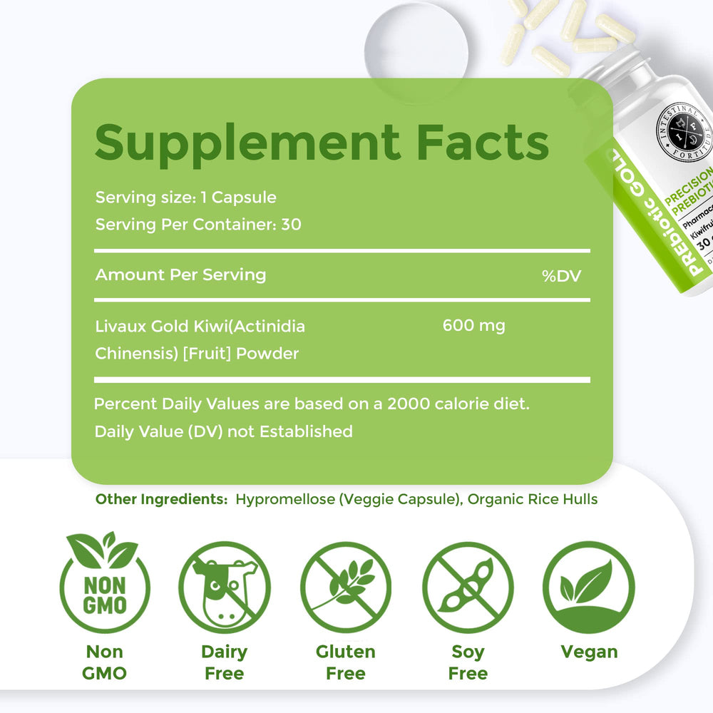 Intestinal Fortitude PREbiotic Gold kiwifruit bottle highlights daily fiber for steady digestion.