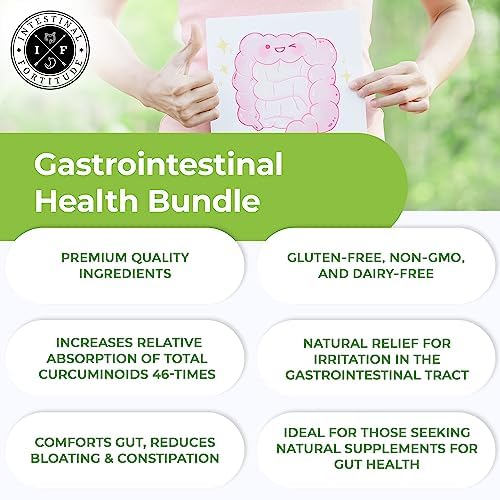 Intestinal Fortitude turmeric and ginger root imagery on bottle label.
