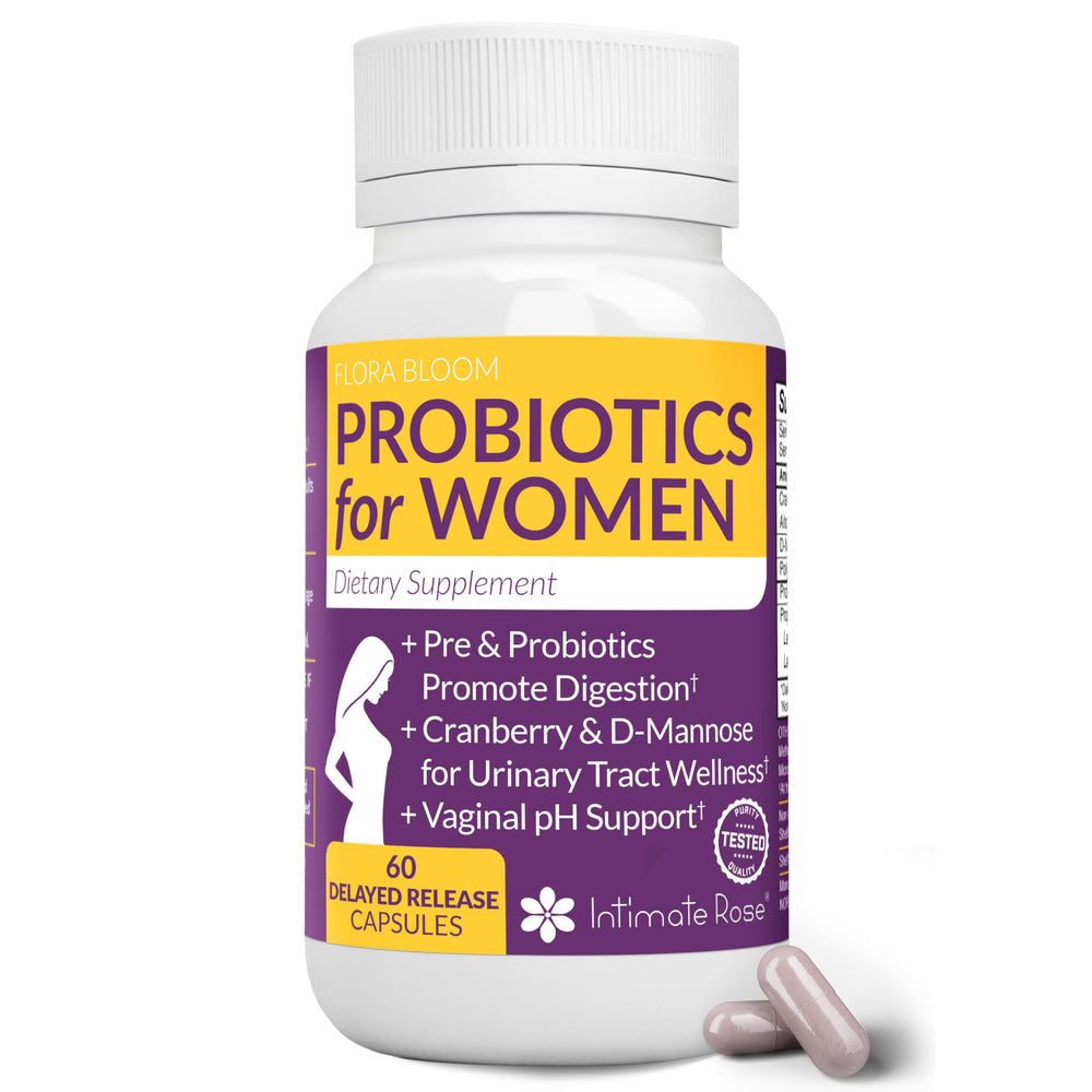 Intimate Rose Flora Bloom Probiotics bottle with capsules for daily balance
