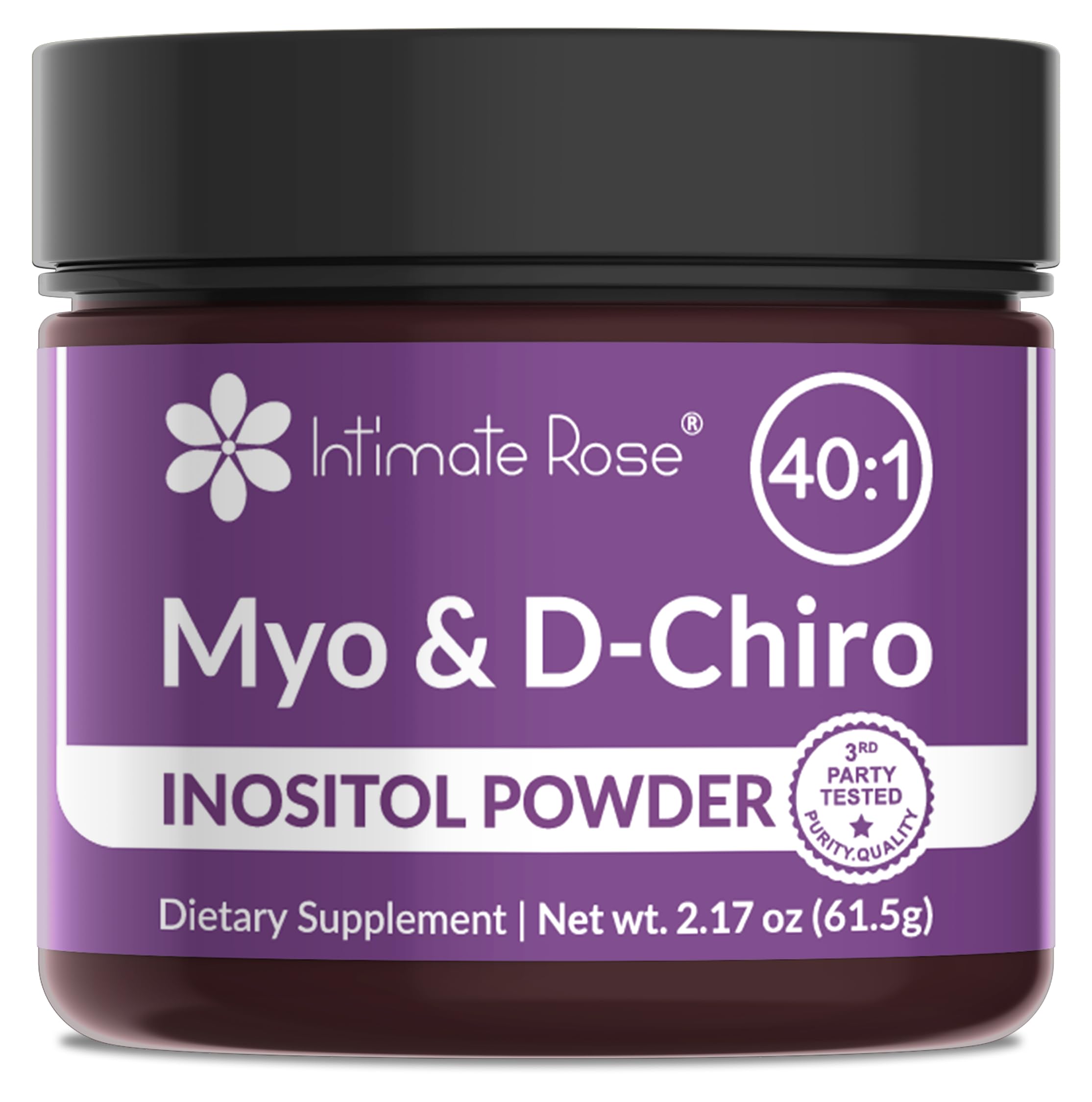 Intimate Rose Inositol powder bottle demonstrates a pure vegan formula for hormonal balance support.