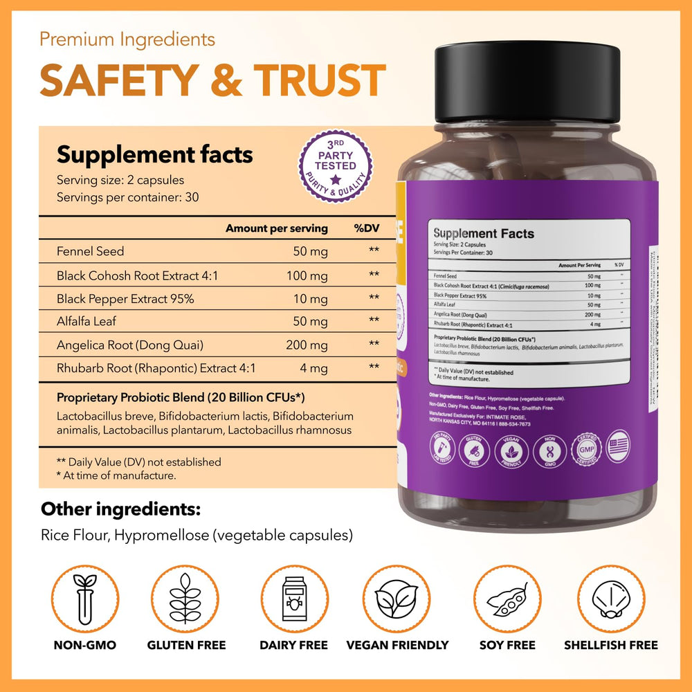 Intimate Rose vegan capsules on a clean surface ideal for daily routine.