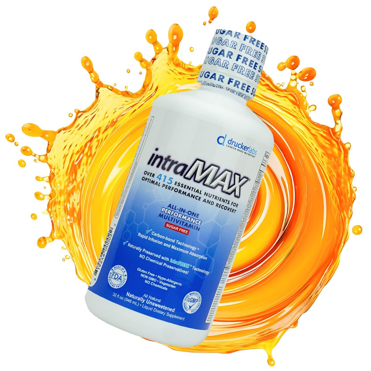 Intramax bottle being poured, illustrating a convenient one-ounce daily dose.