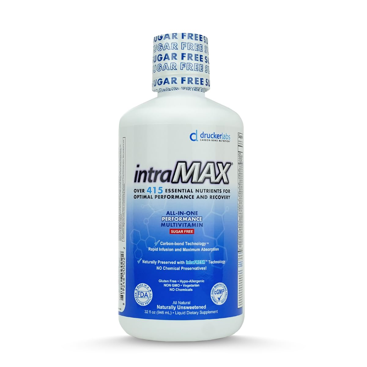 Intramax organic liquid multivitamin bottle with label, supports daily nutrient intake.