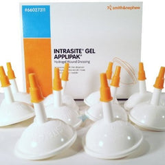 Intrasite Gel Applipak hydrogel dressing with box of 10 for moist wound care.