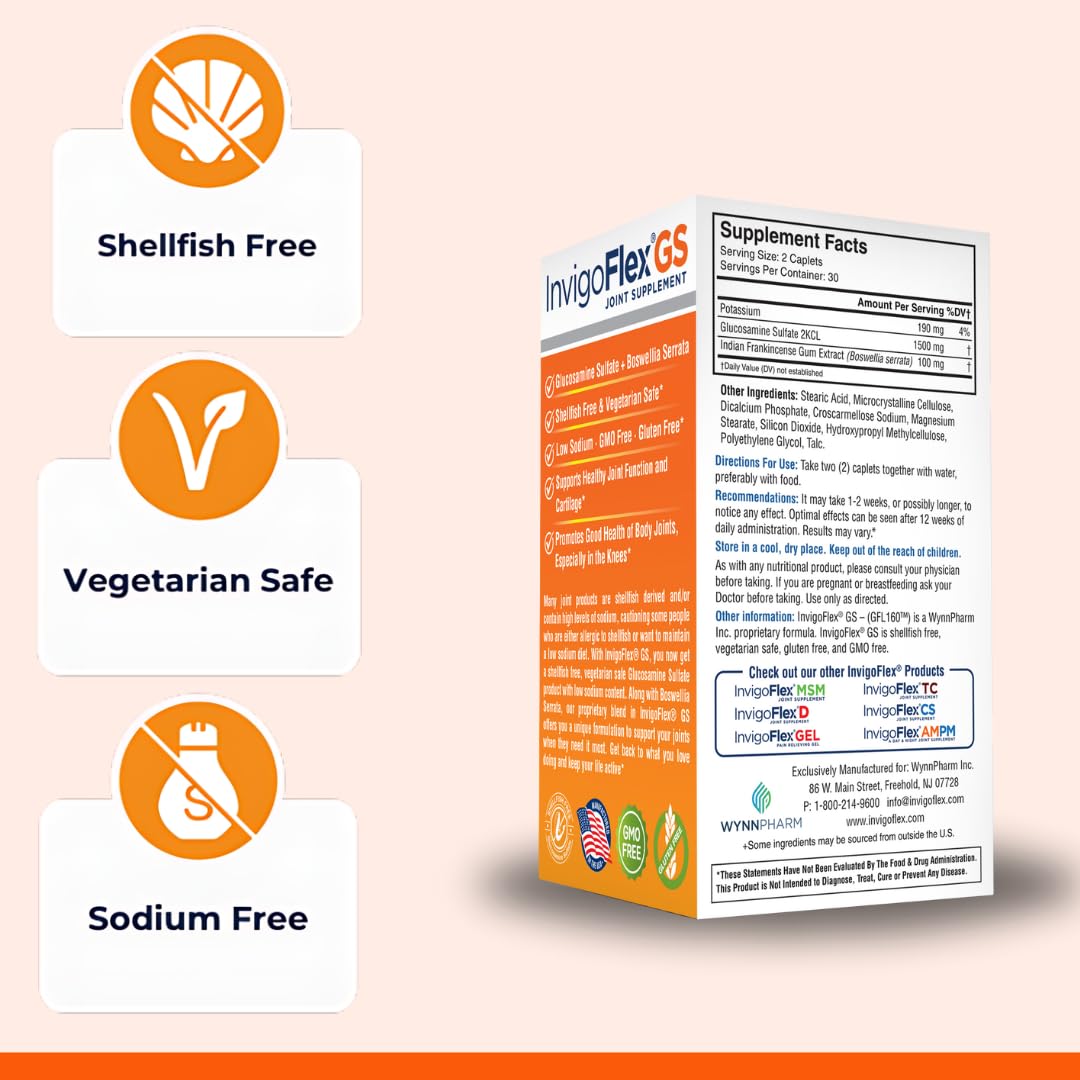 INVIGOFLEX GS capsules close-up shows vegetarian-safe glucosamine sulfate for broad dietary needs