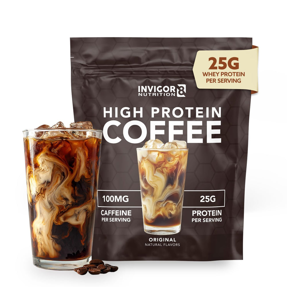 INVIGOR8 protein coffee powder with scoop and mug showing premium daily energy.