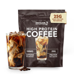 INVIGOR8 protein coffee powder with scoop and mug showing premium daily energy.