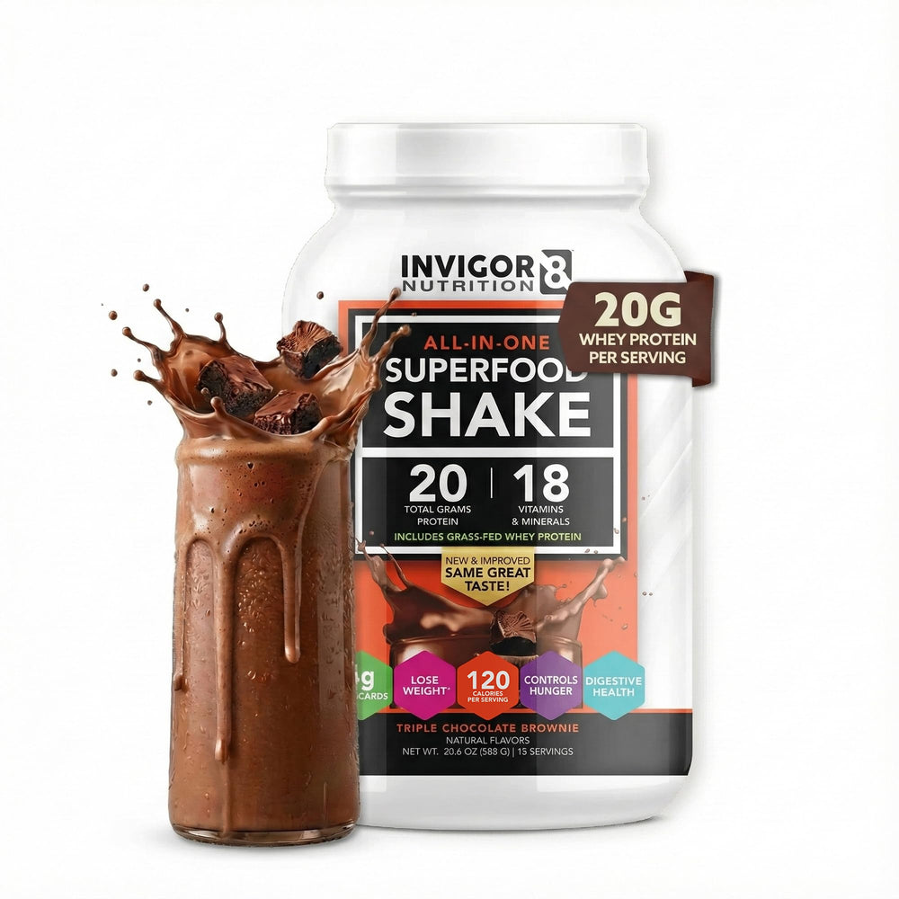 INVIGOR8 Superfood Shake bottle label highlights gluten-free, grass-fed whey for high-protein support.