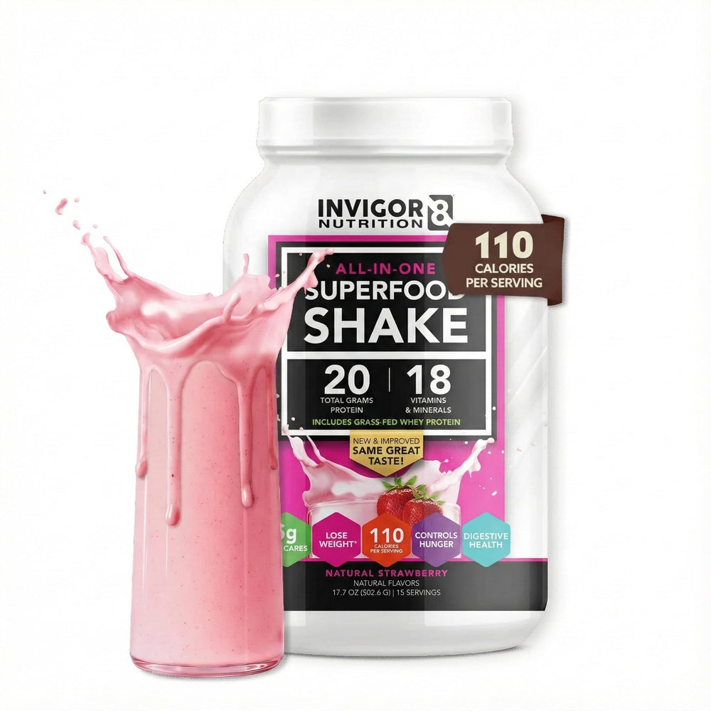 INVIGOR8 Superfood Shake front label highlighting gluten-free nutrition for busy mornings