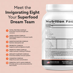 INVIGOR8 Superfood Shake green-veggie complex showcases kale, spinach, broccoli for nutrient-dense support.
