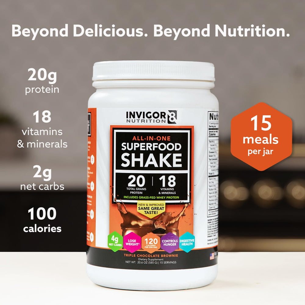 INVIGOR8 Superfood Shake probiotics capsules image indicates digestive health support.