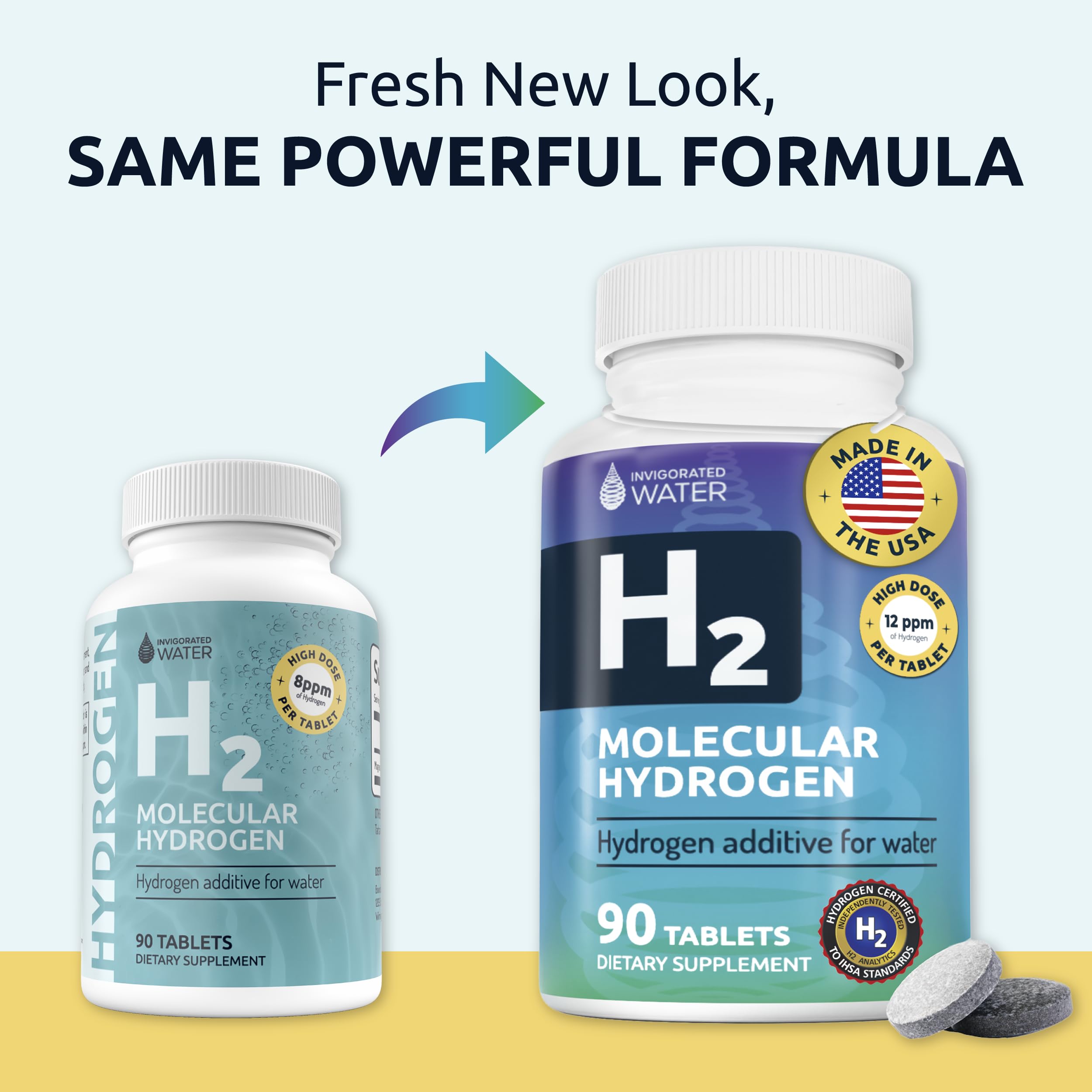 Invigorated Water hydrogen tablets ambient shot with modern packaging