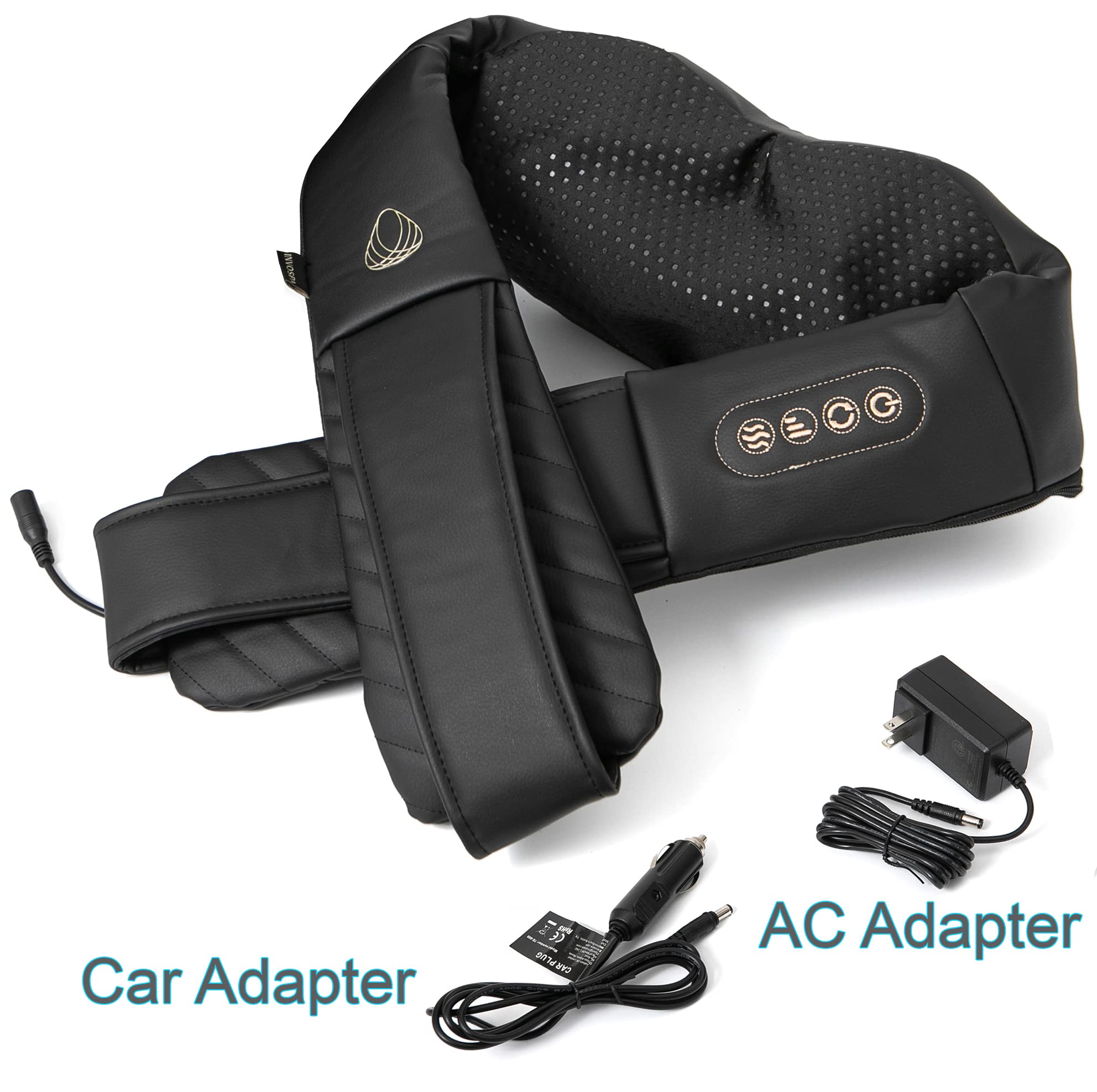 InvoSpa portable massager with wall adapter and car charger for travel.