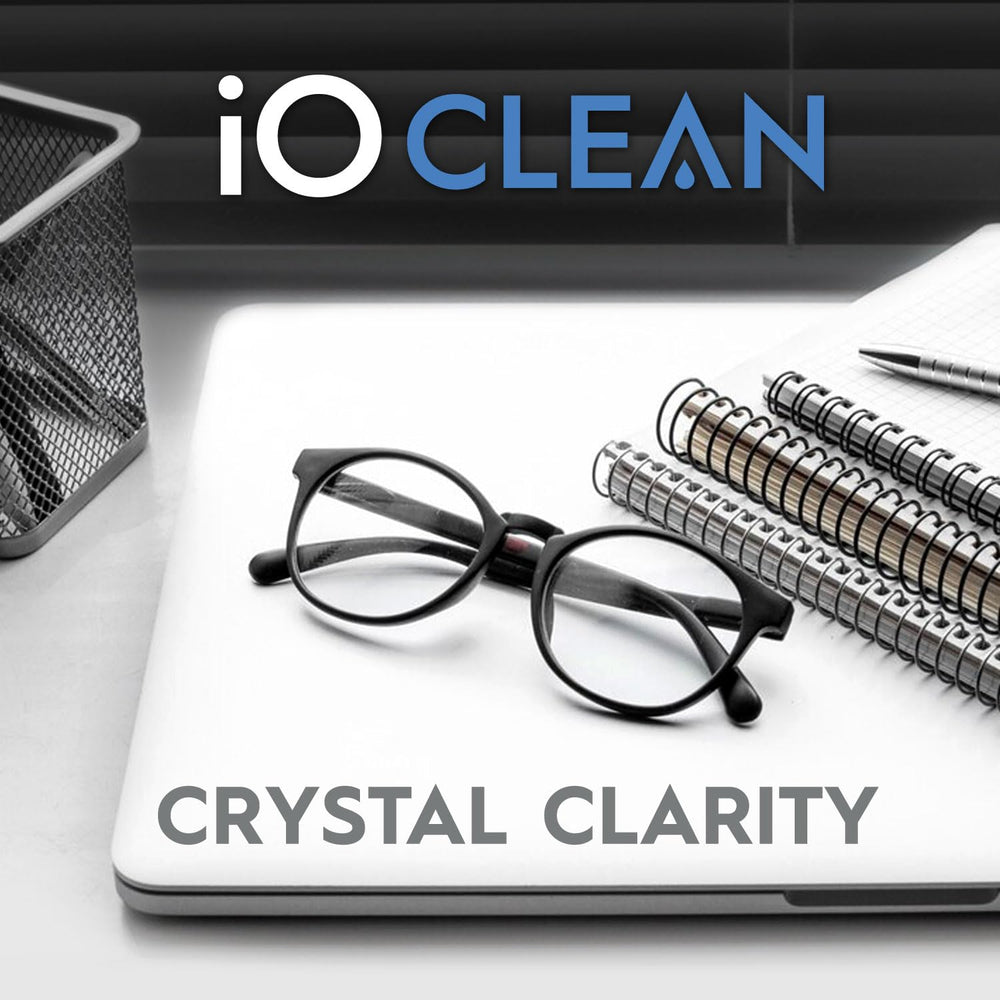 iO CLEAN glasses with cloth demonstrating gentle, clear lens cleaning