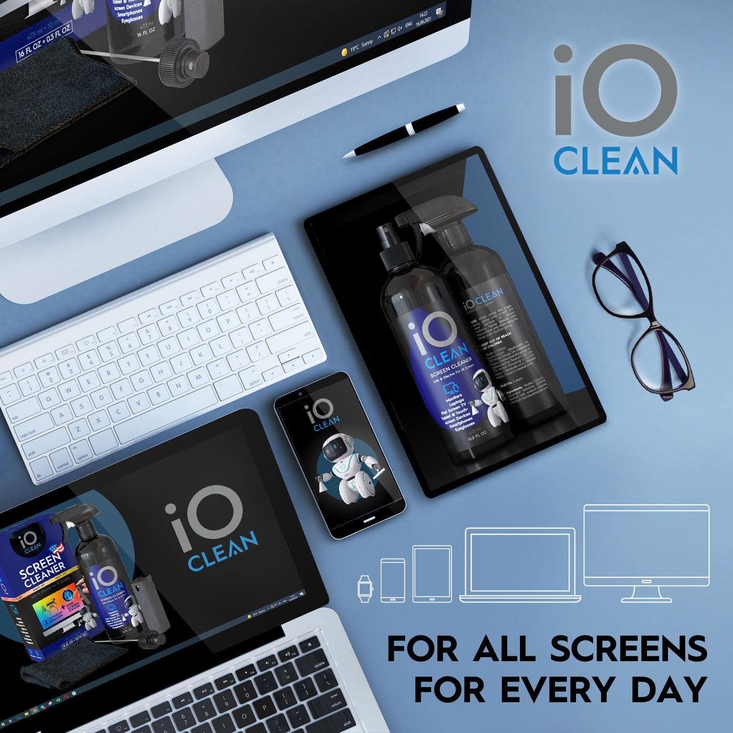iO CLEAN smartphone screen being cleaned on a bright display