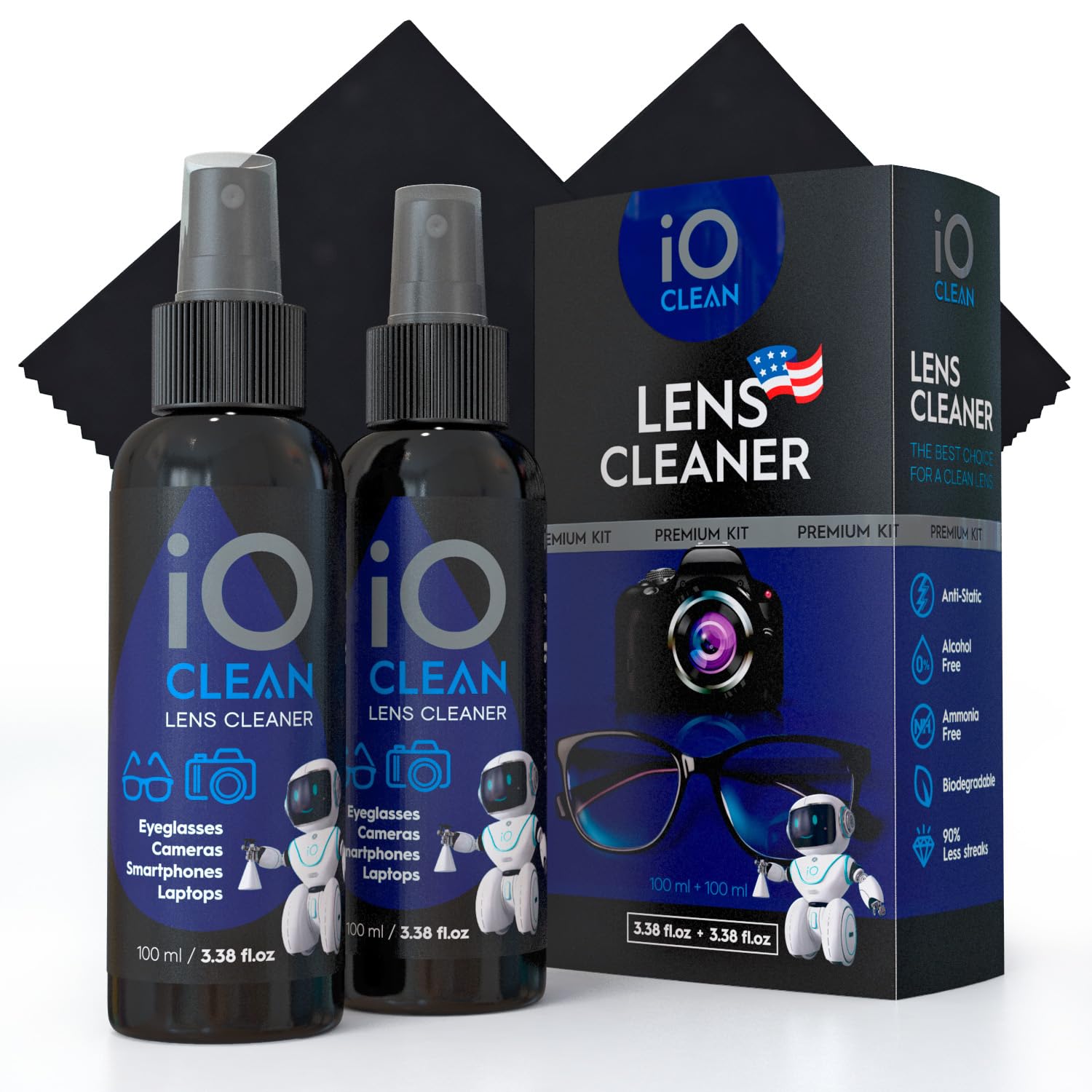 iO CLEAN eyeglasses kit on desk for screens and glasses