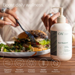Close-up of ION* Gut Support label emphasizing humic extract and ingredients.
