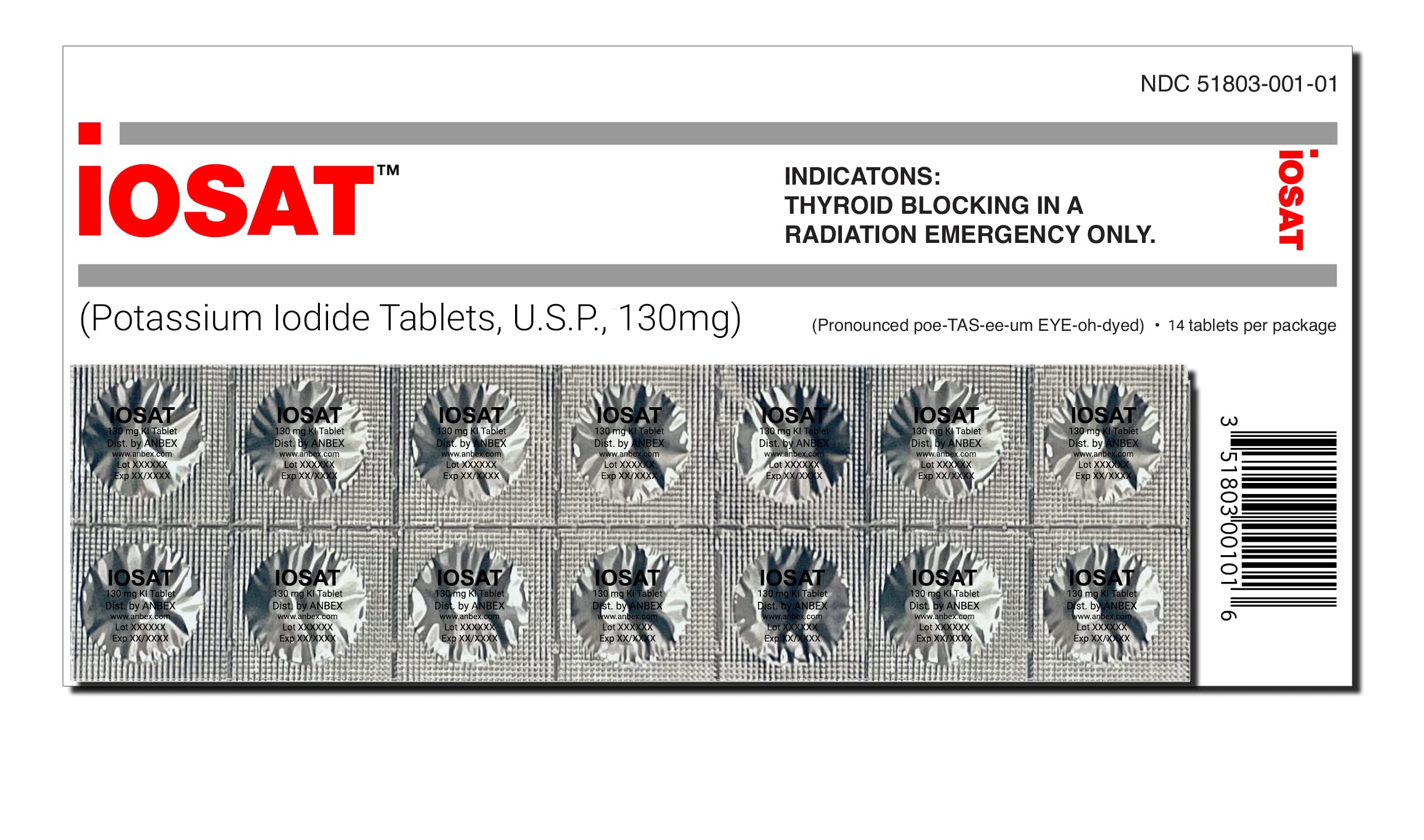 IOSAT packaging and label showing 130 mg dosage for nuclear safety readiness