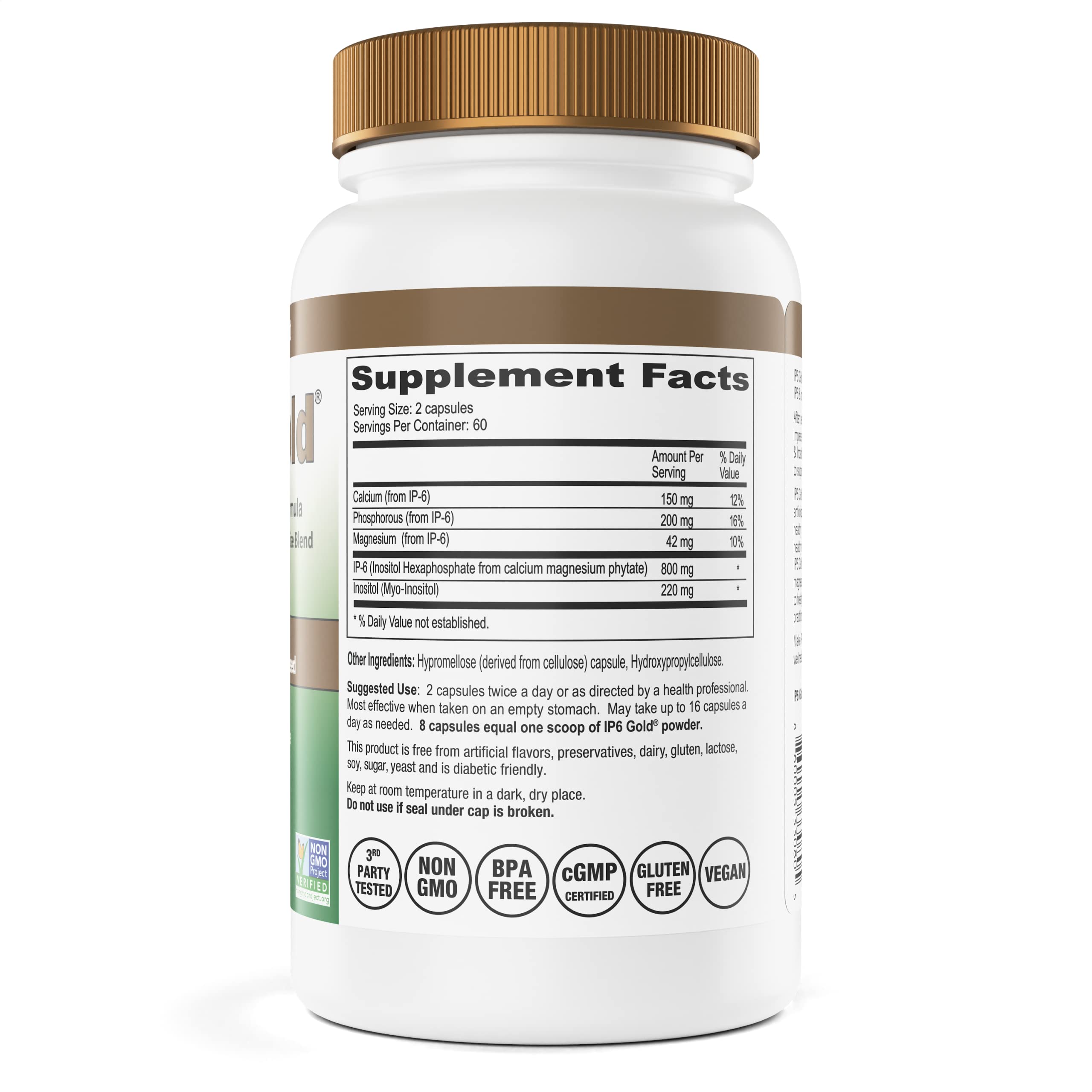 Close-up of IP6 Gold capsules showcasing purity and non-GMO formulation.