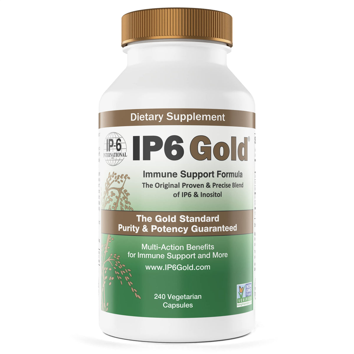 IP6 Gold bottle front view with clean label and non-GMO promise.