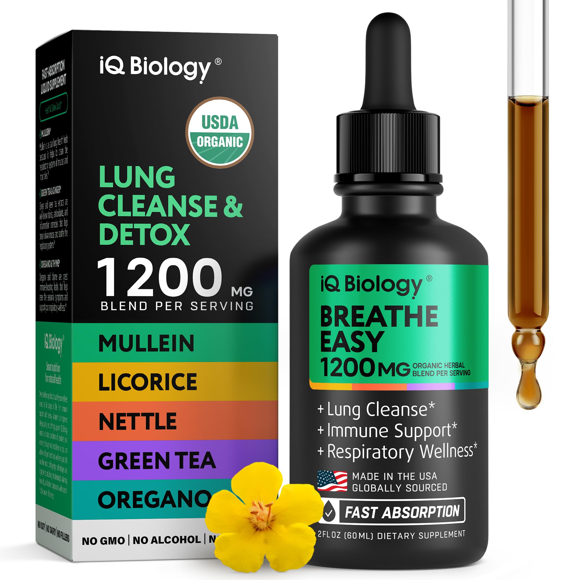 IQ Biology Mullein Drops bottle for lung detox supports breathing comfort