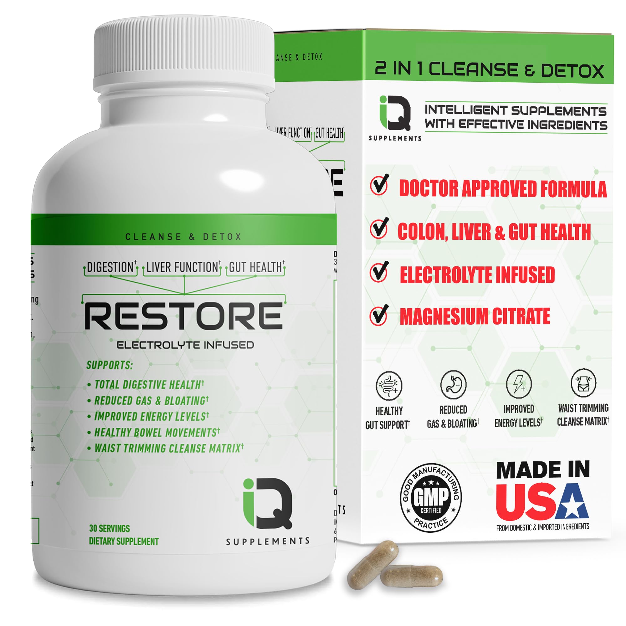 IQ Supplements Restore bottle pour showing gut detox and digestion support.