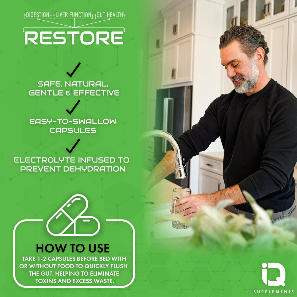 IQ Supplements Restore capsules ready to take for gentle regularity support.