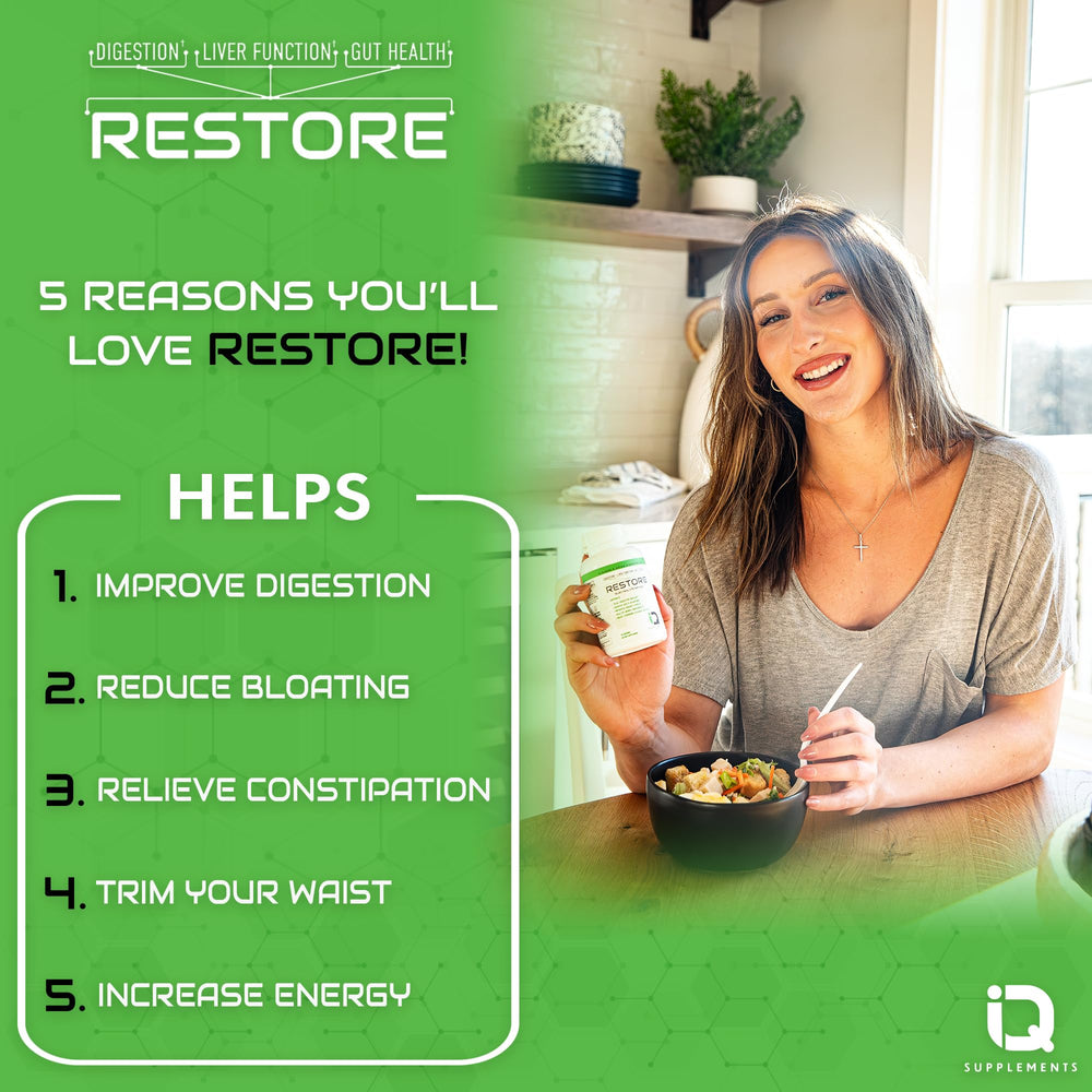 IQ Supplements Restore label closeup highlighting 2 in 1 cleanse features for digestion.