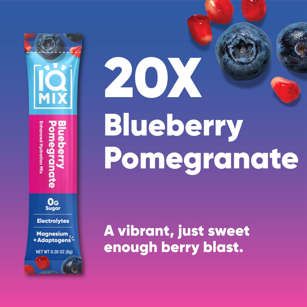 IQMIX blueberry-pomegranate being poured into a glass for quick refreshment