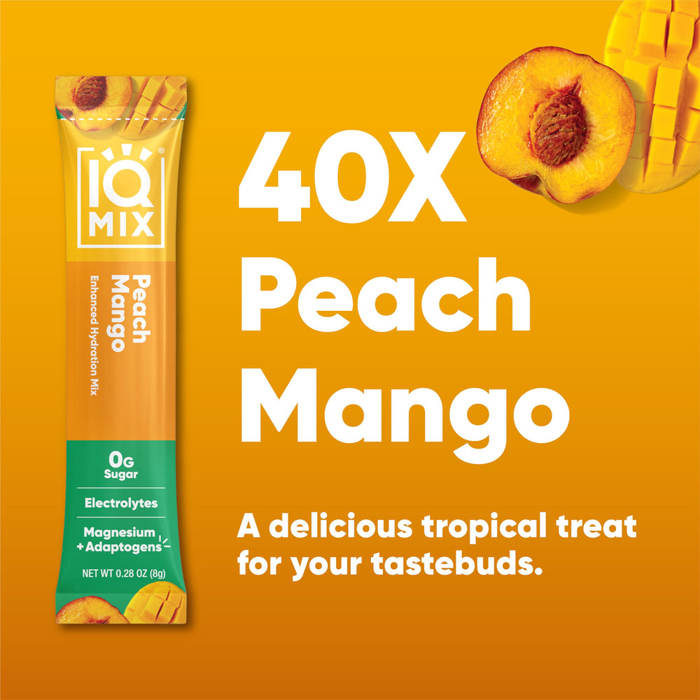 Pour IQMIX peach mango into water for a refreshing, sugar-free drink.
