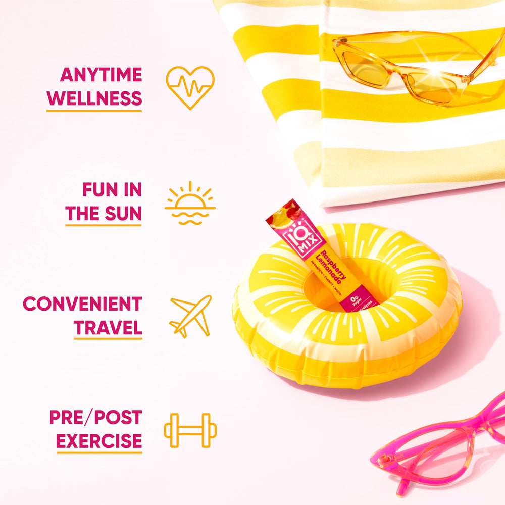 IQMIX packaging in a backpack pocket for on-the-go hydration.