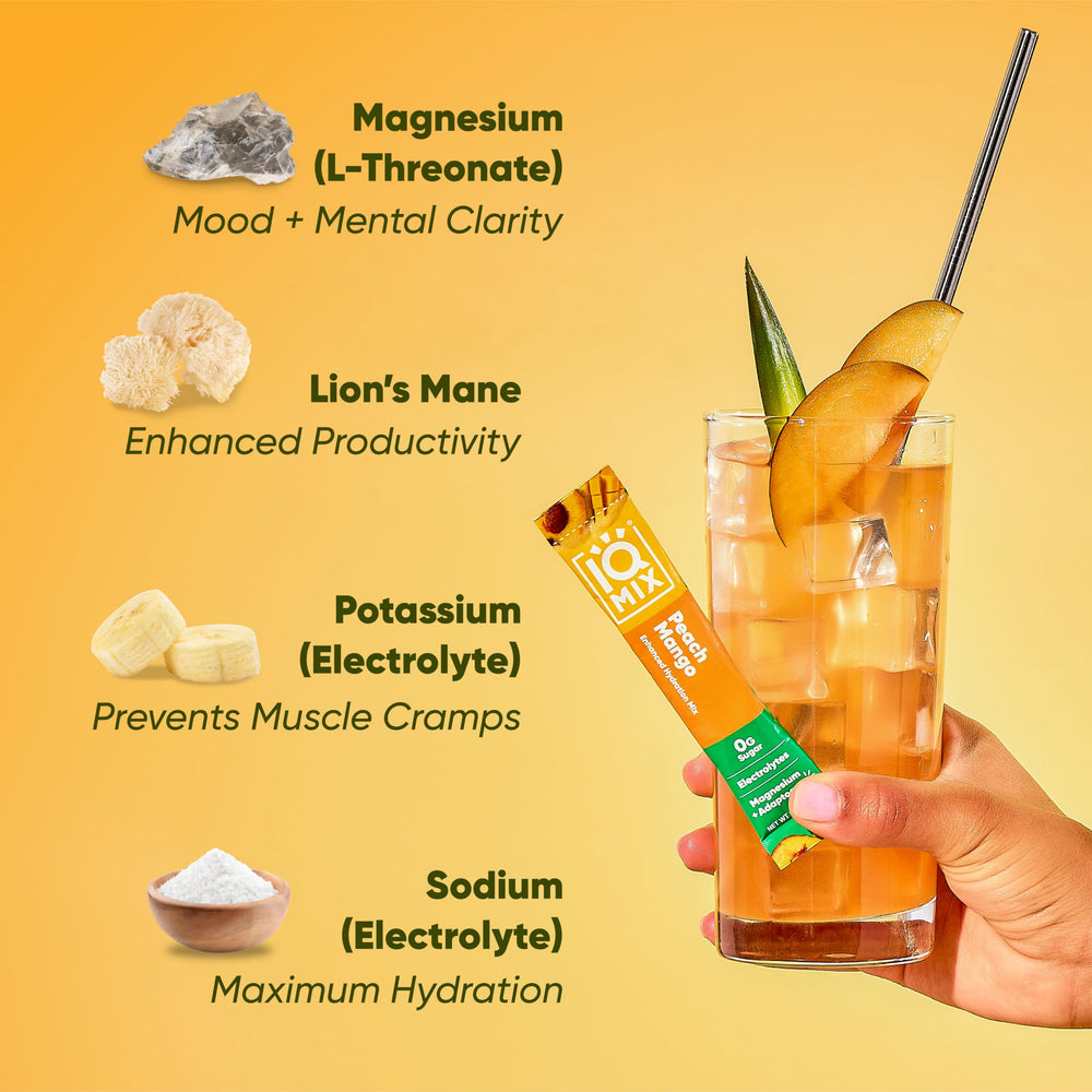IQMIX peach mango poured into a glass showing a refreshing hydration color.