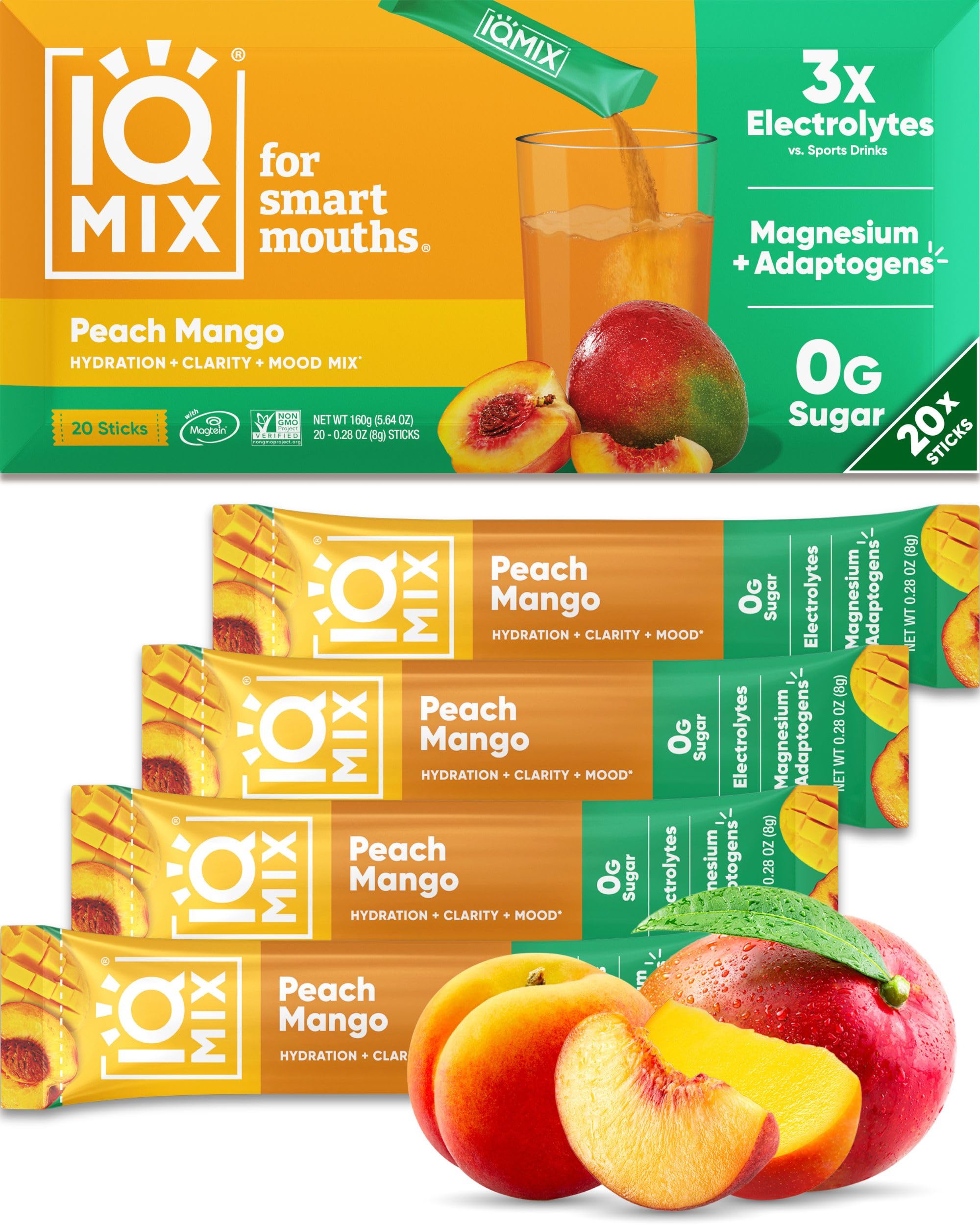 IQMIX peach mango hydration packet ready for on-the-go energy and focus.
