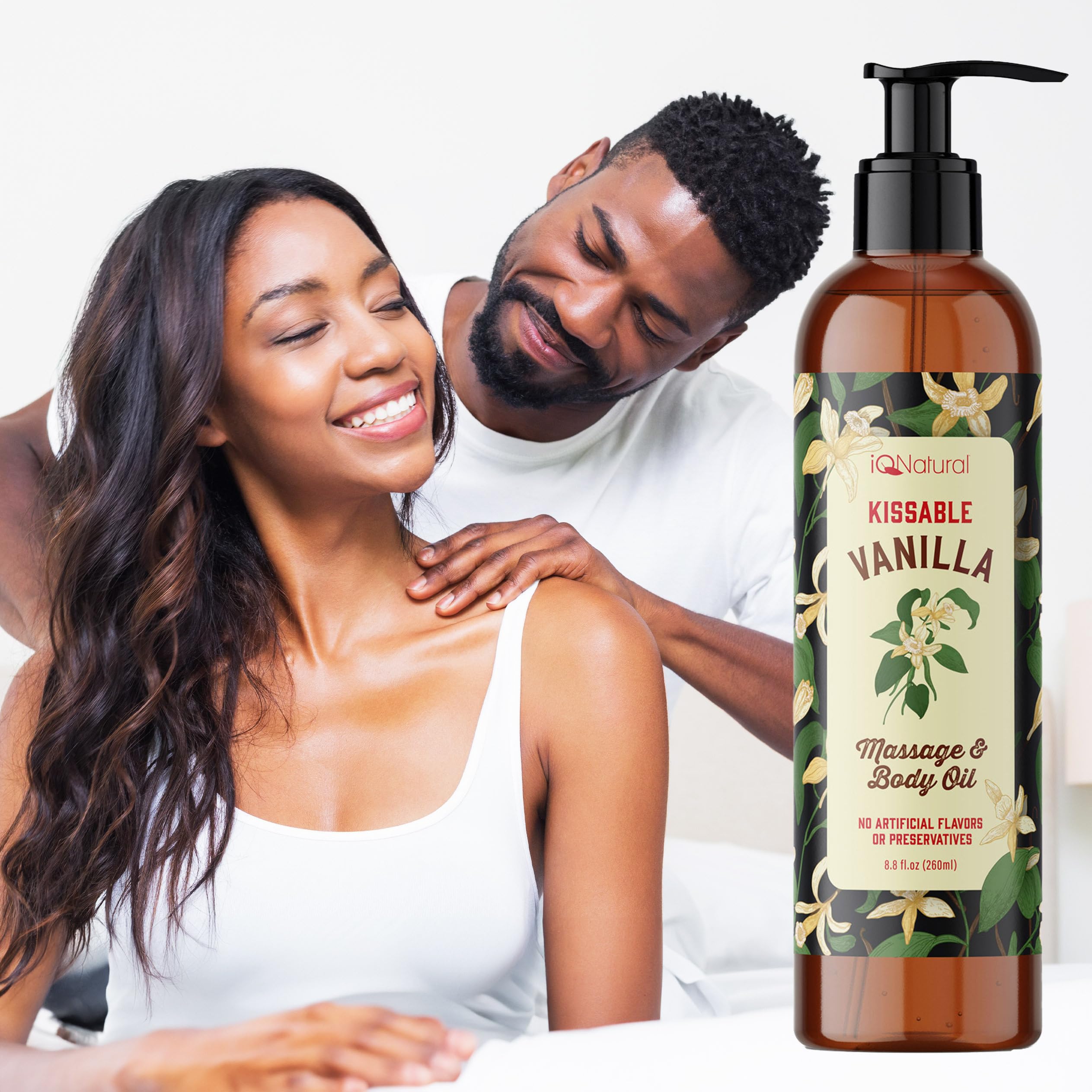 IQNATURAL vanilla-scented massage oil for a relaxing date-night ambiance