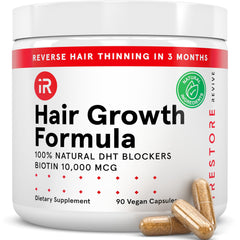 iRestore hair growth supplement bottle emphasizing daily vitamins for healthier-looking hair