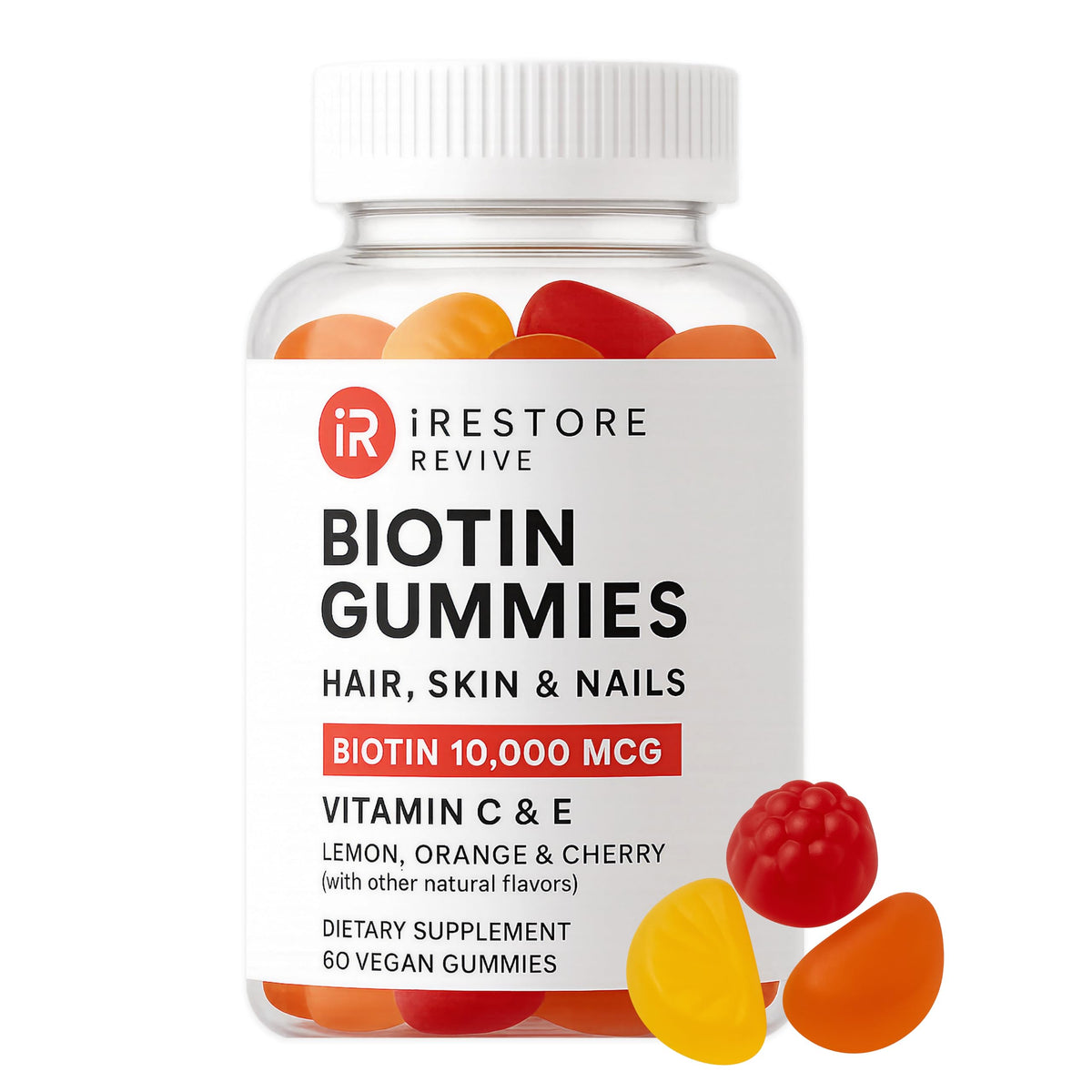 iRestore hair gummy bottle closeup showing vegan biotin support for healthier hair.