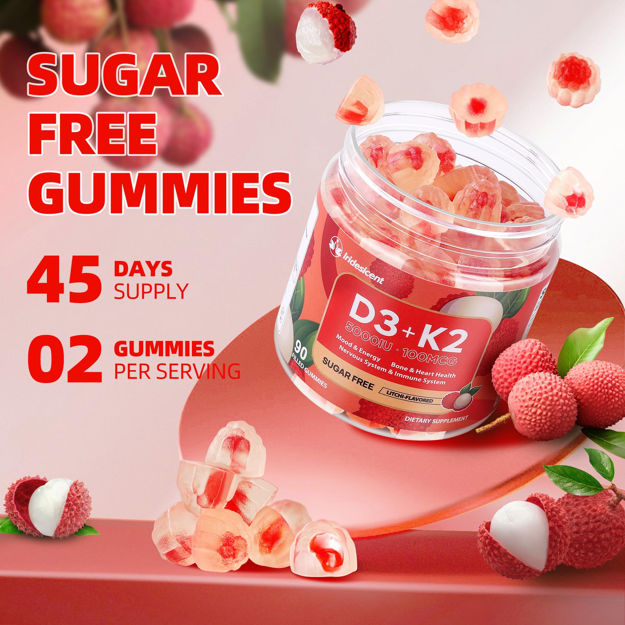 Iridesicent 90-count bottle of D3 K2 gummies for easy daily use.