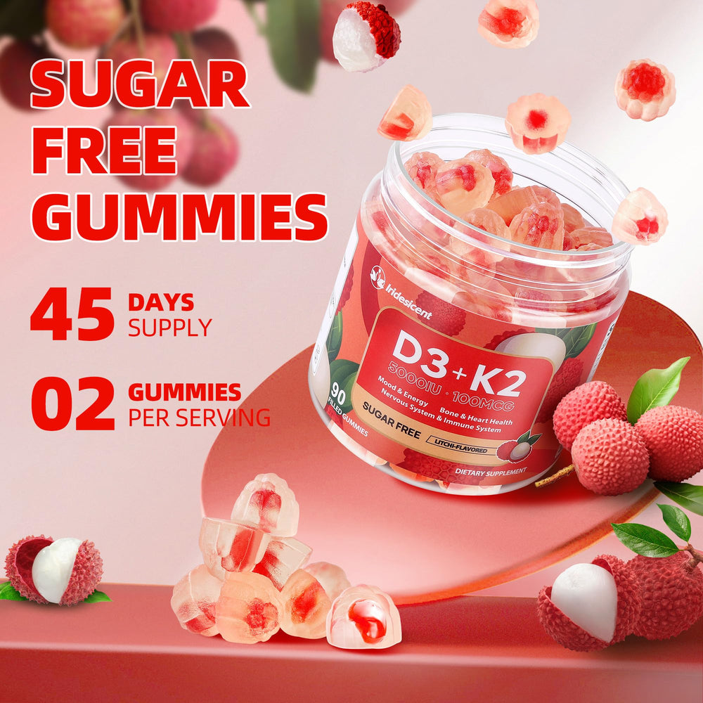 Iridesicent 90-count bottle of D3 K2 gummies for easy daily use.