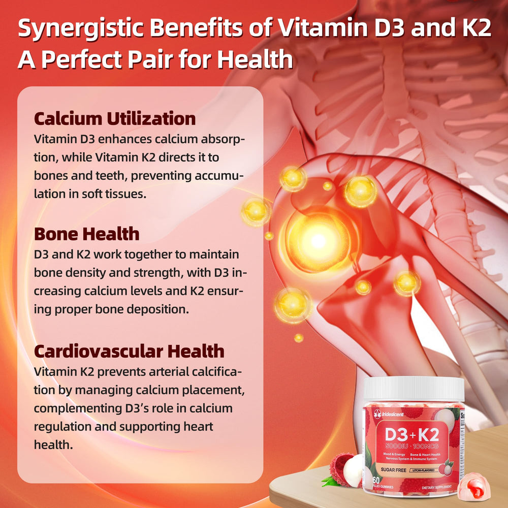 Iridesicent D3 K2 gummies lychee close-up, highlighting high absorption and vegan formula.