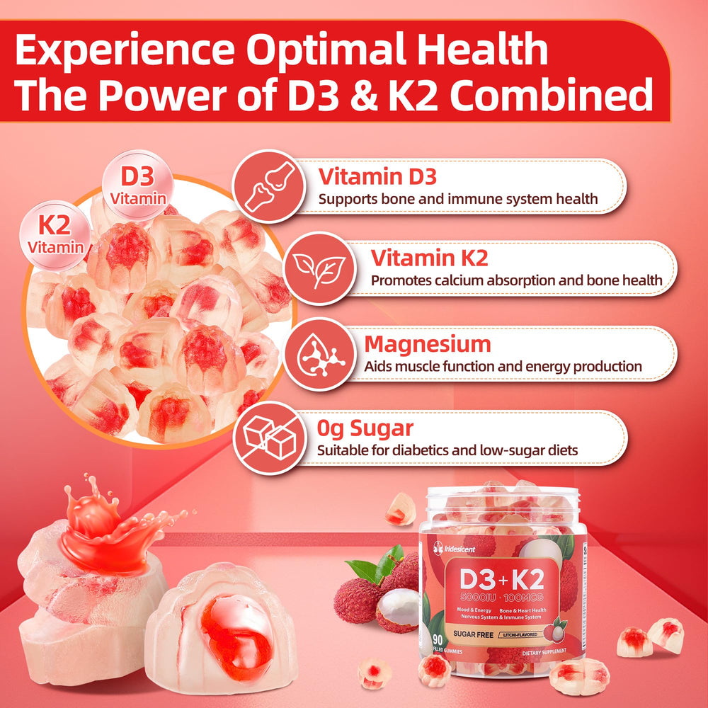 Iridesicent lychee flavor splash in D3 K2 gummy center.