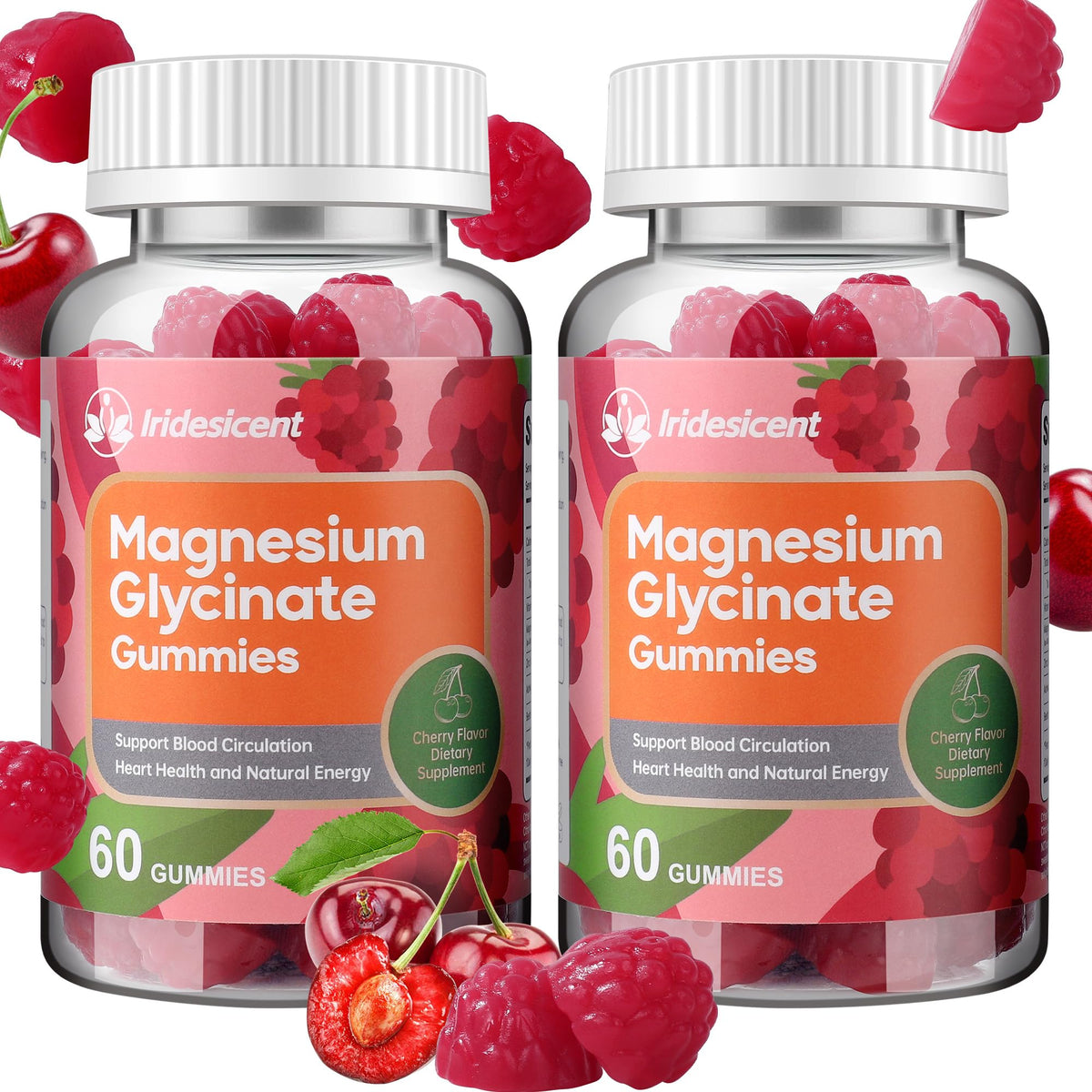 Iridesicent Magnesium Glycinate Gummies bottle with cherry flavor for calm support.