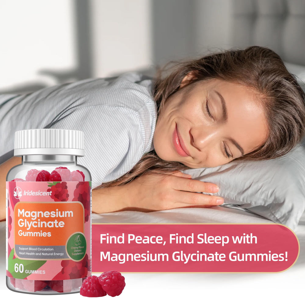 Iridesicent gummies beside a glass of water for bedtime relaxation.