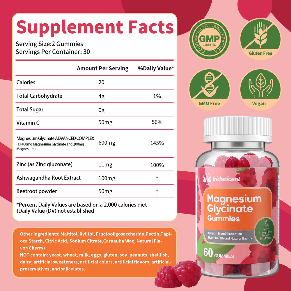 Iridesicent Magnesium Glycinate Gummies label highlights sugar-free vegan formula.