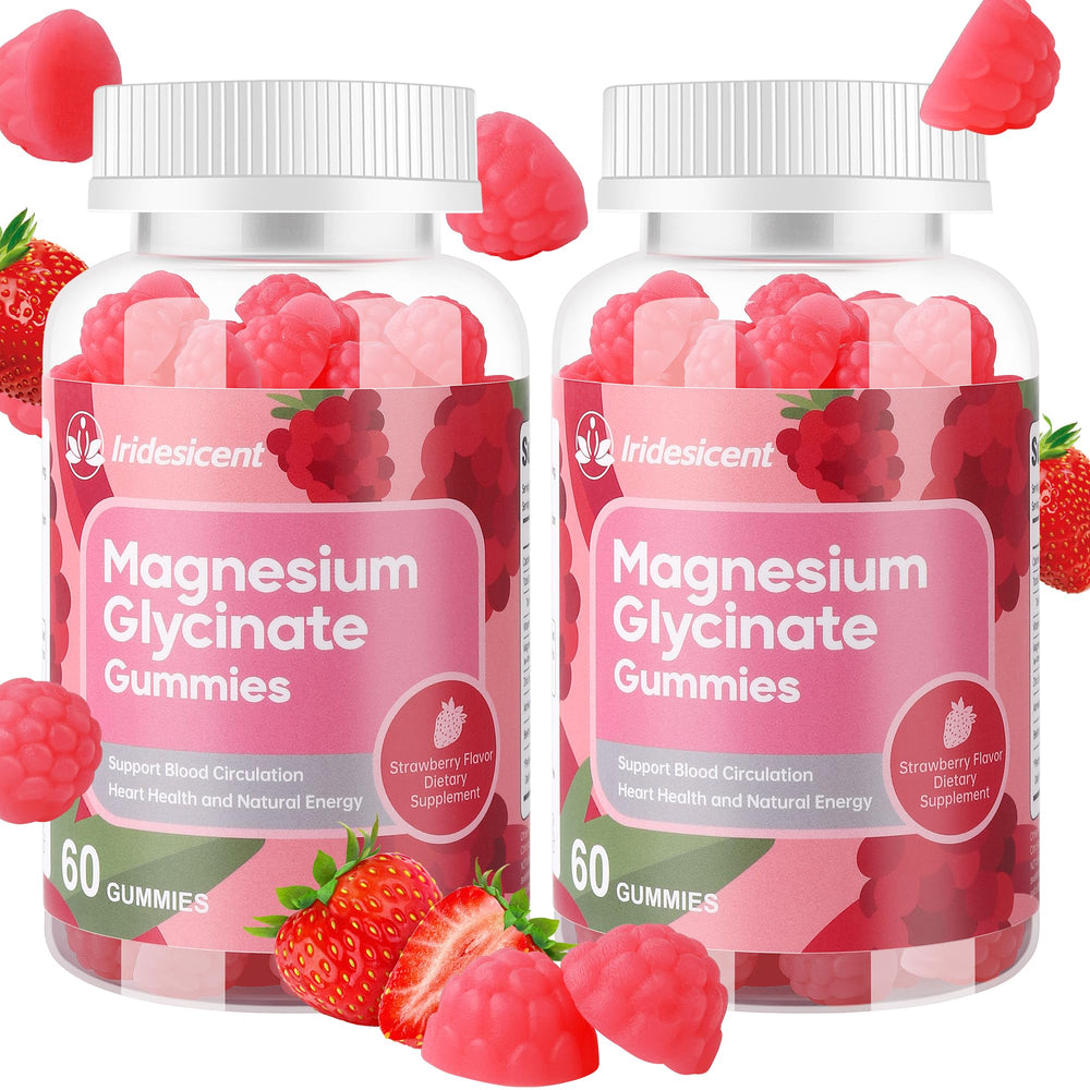 IRIDESICENT Magnesium Glycinate Gummies bottle with strawberry flavor promoting calm and sleep.