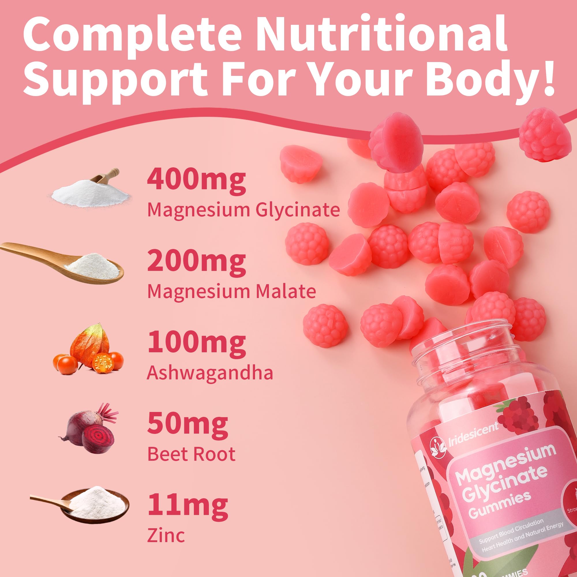 Close-up of IRIDESICENT gummies highlighting strawberry flavor and sugar-free daily wellness.