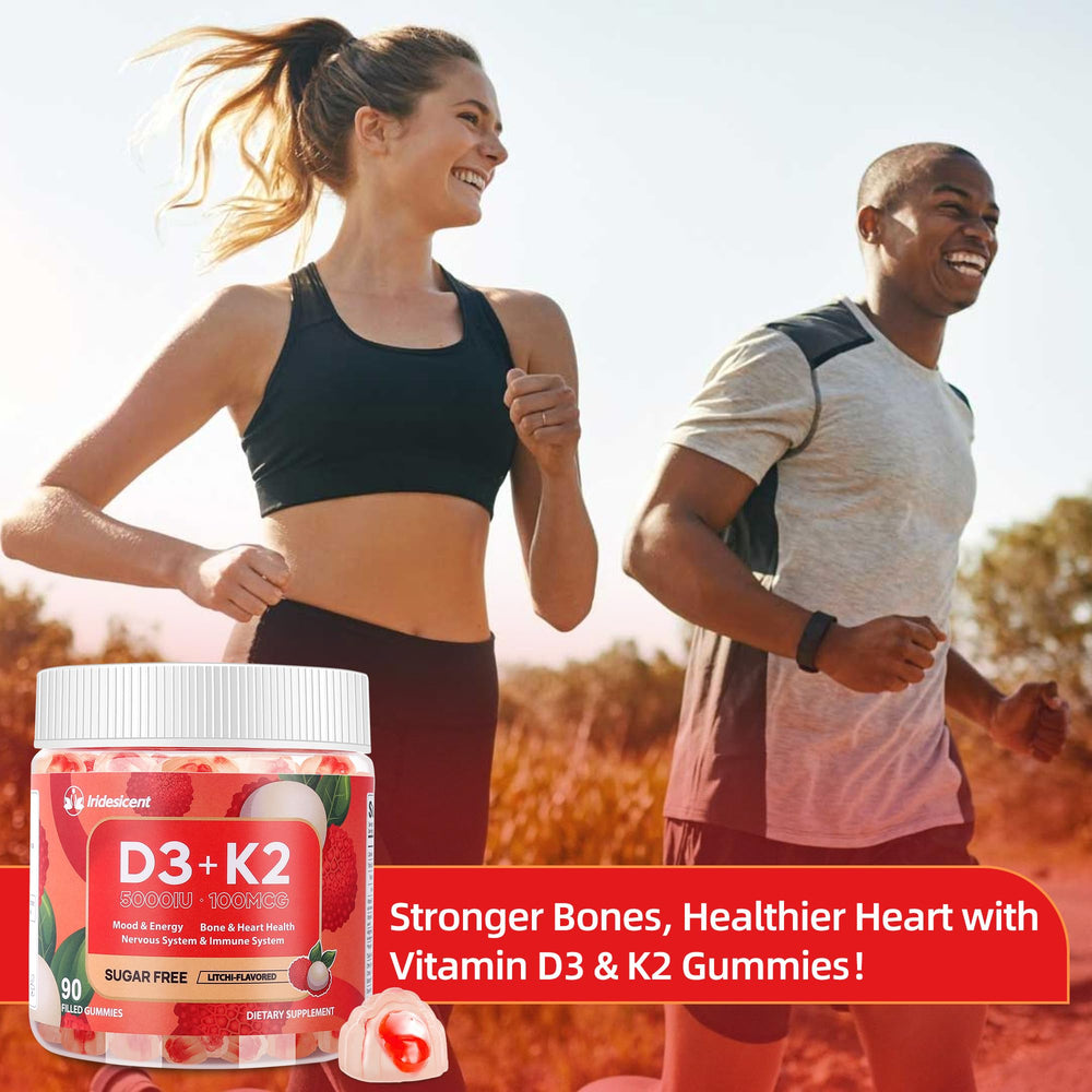 Iridesicent vegan sugar-free D3 K2 gummies for convenient supplementation.